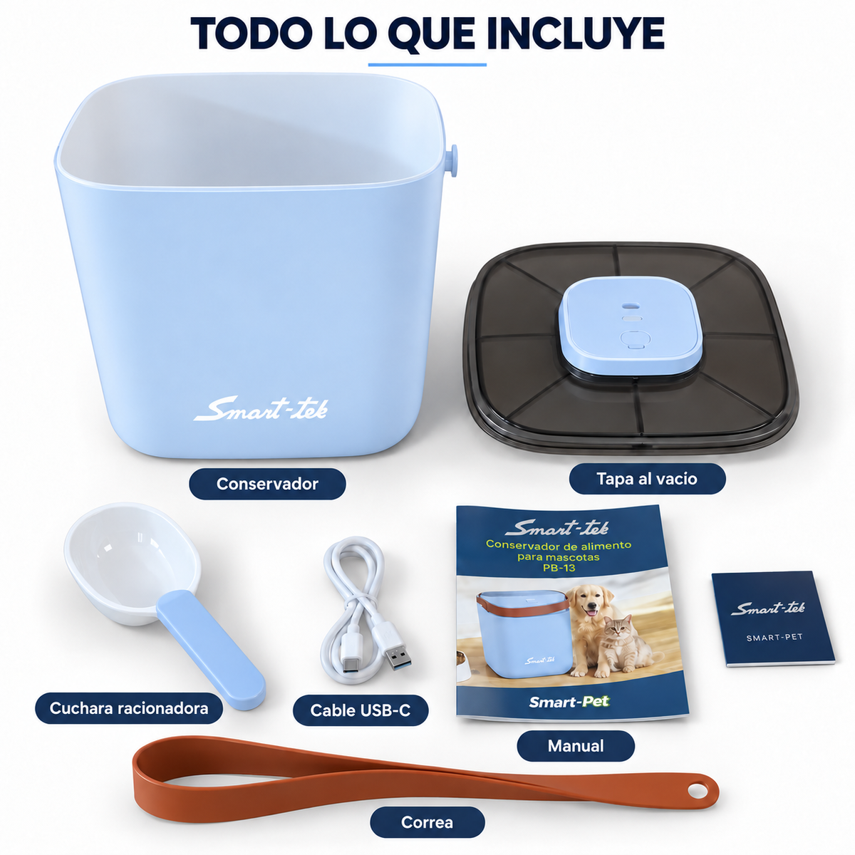 Contenedor Hermético de Alimento para Mascotas, con bomba de sellado al vacío - Celeste