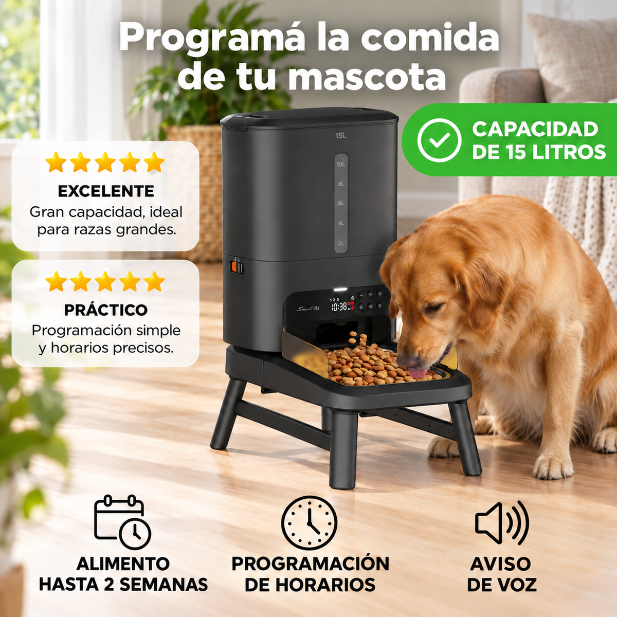 Comedero Automático Elevado Para Mascotas Mordida grande 15l Smart-tek