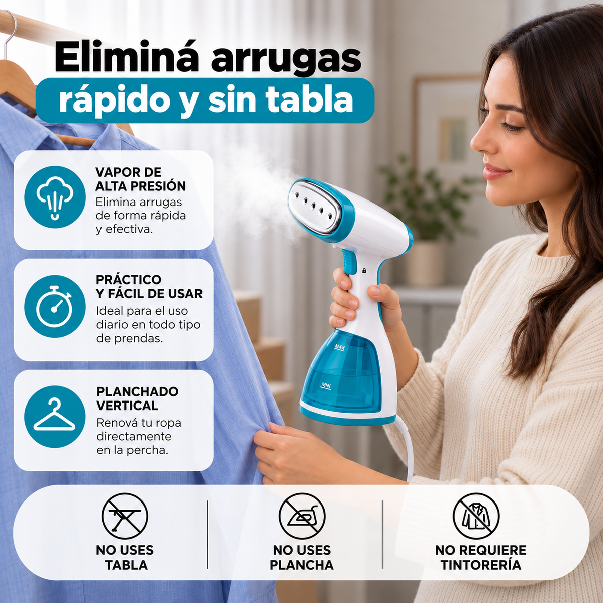 Plancha Vertical a Vapor de Mano 1000W con Caldera de Alta Presión y Accesorios GS1212