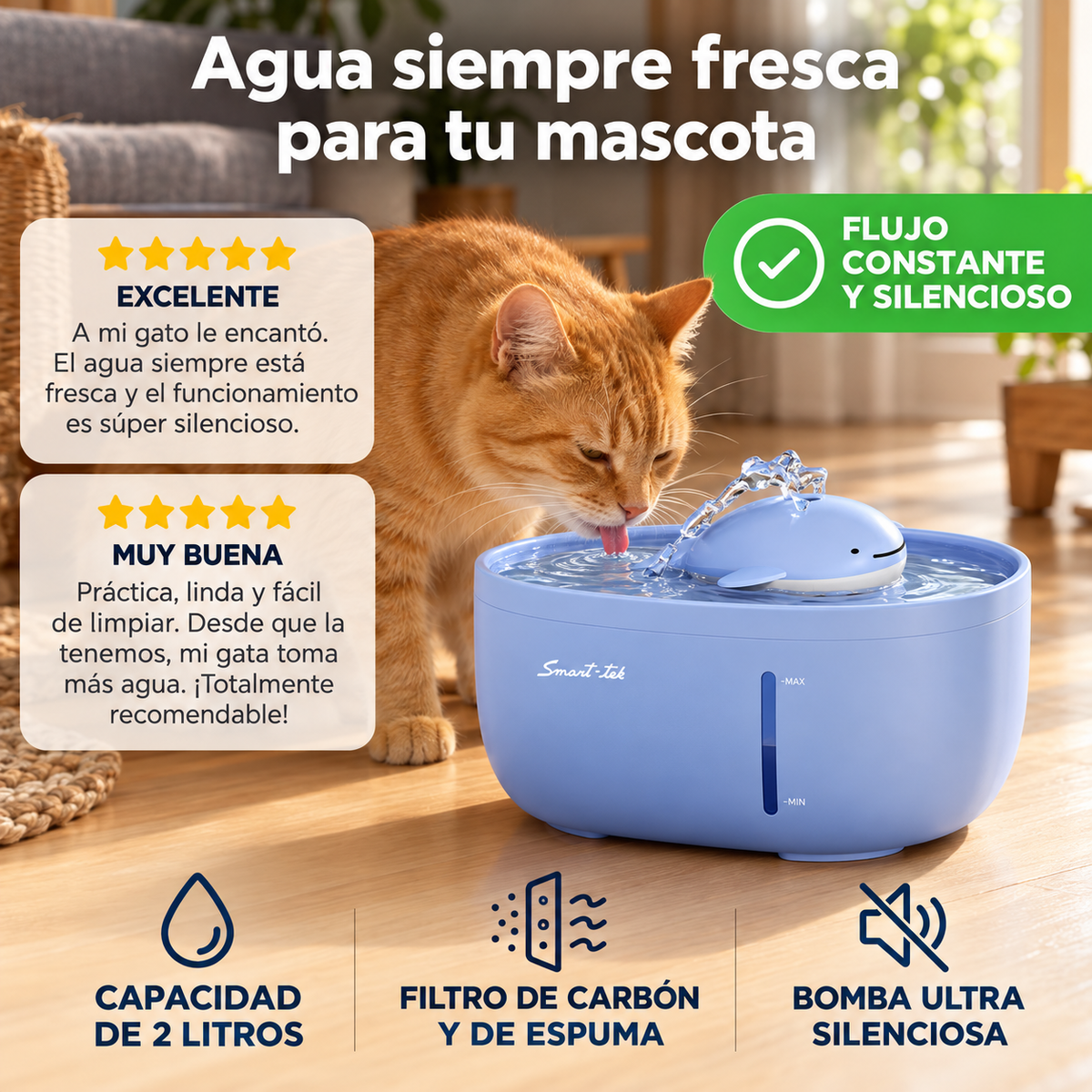 Bebedero Automatico Usb Para Mascotas 2 Litros Smart-tek Ballenita Pw30