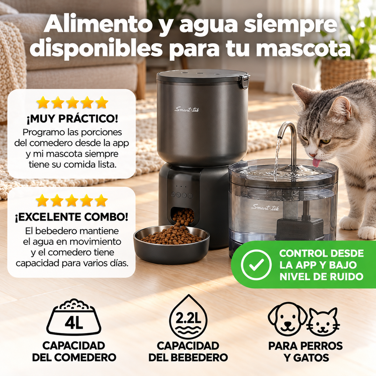 Combo Mascotas Racionador 4l + Bebedero 2,2l Automatico App