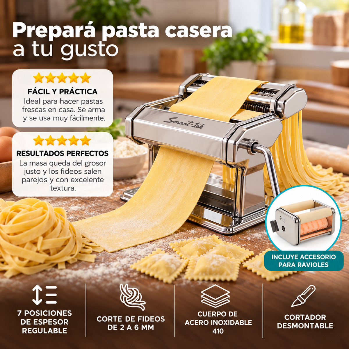 Fabrica Pastas Smart Tek + Raviolera Cortante Maquina Fideo Color Plateado