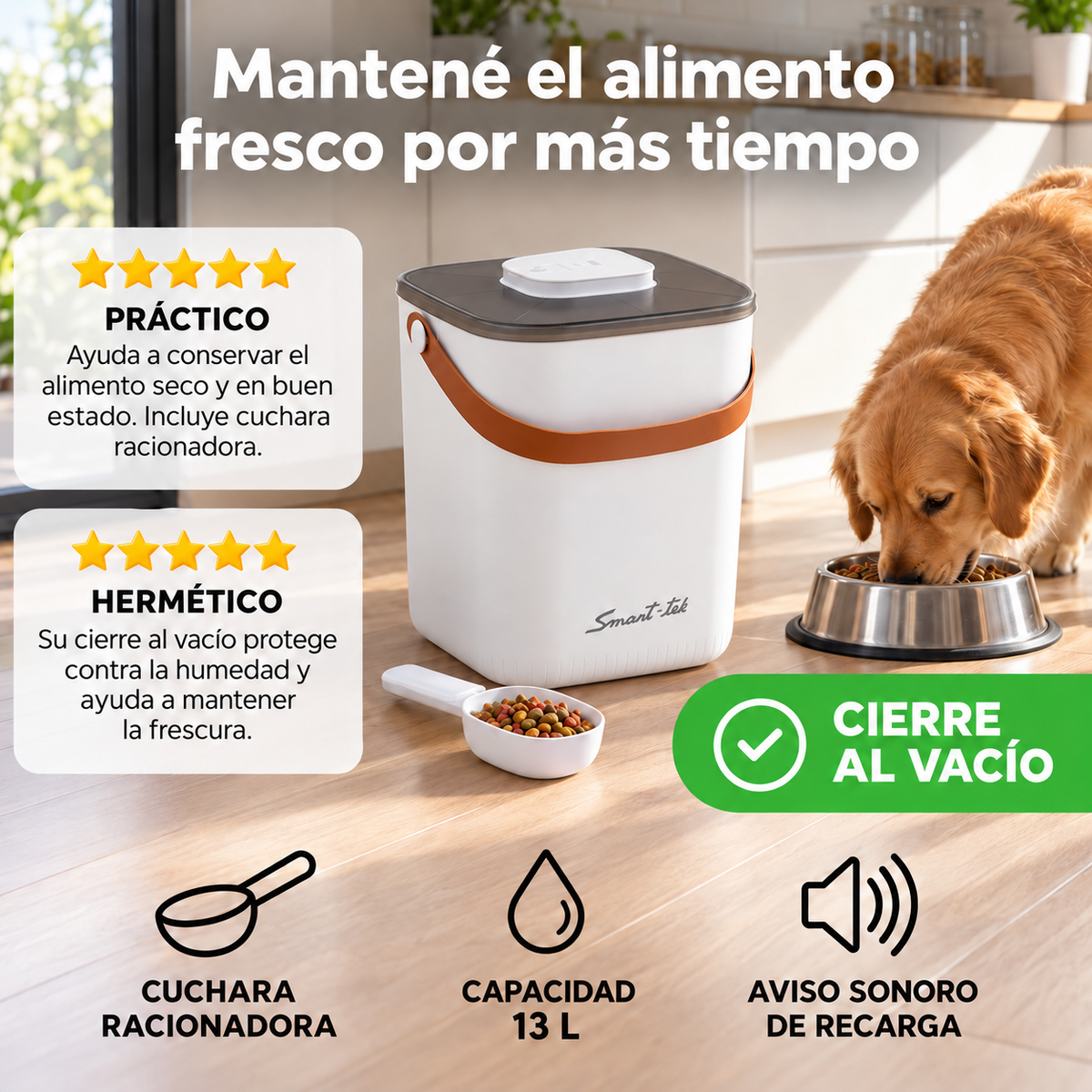 Contenedor Hermético de Alimento para Mascotas, con bomba de sellado al vacío - Blanco