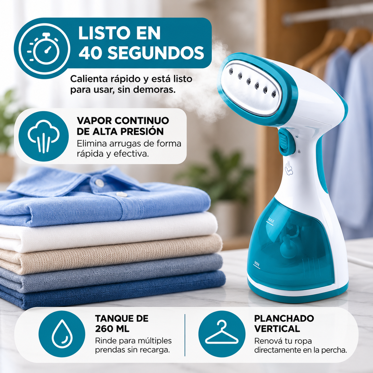 Plancha Vertical a Vapor de Mano 1000W con Caldera de Alta Presión y Accesorios GS1212