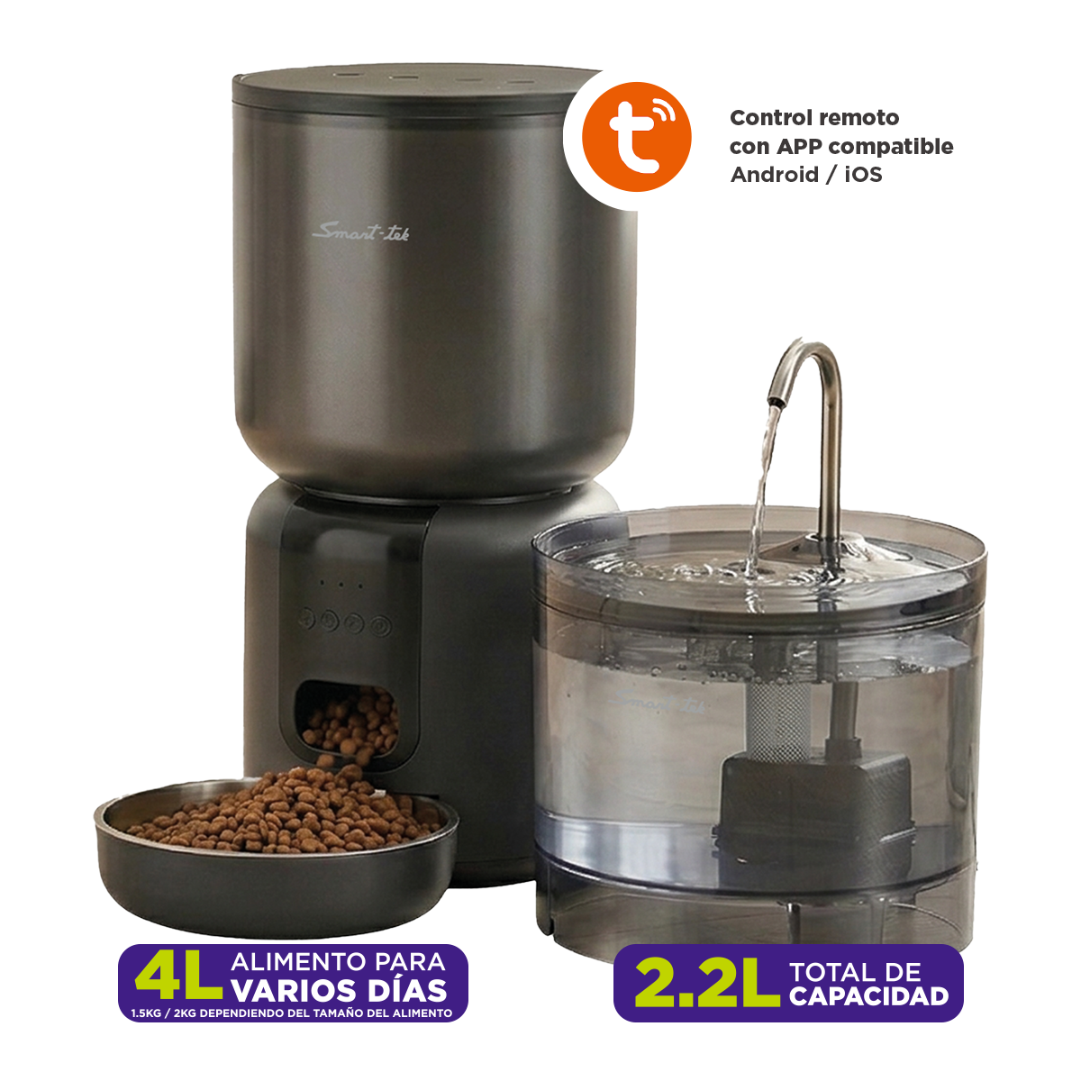 Combo Mascotas Racionador 4l + Bebedero 2,2l Automatico App