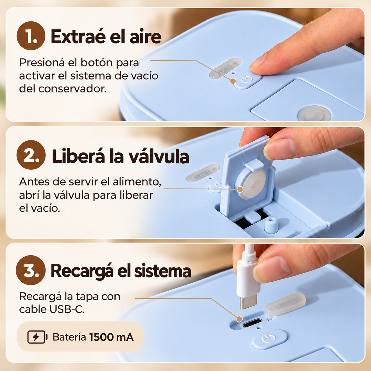 Contenedor Hermético de Alimento para Mascotas, con bomba de sellado al vacío - Celeste