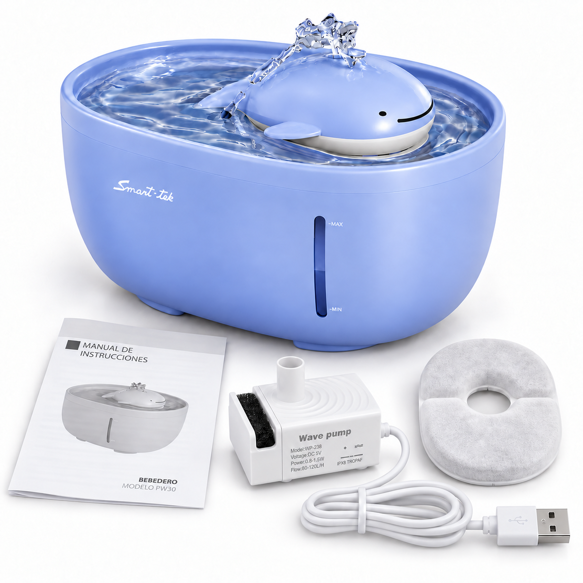 Bebedero Automatico Usb Para Mascotas 2 Litros Smart-tek Ballenita Pw30