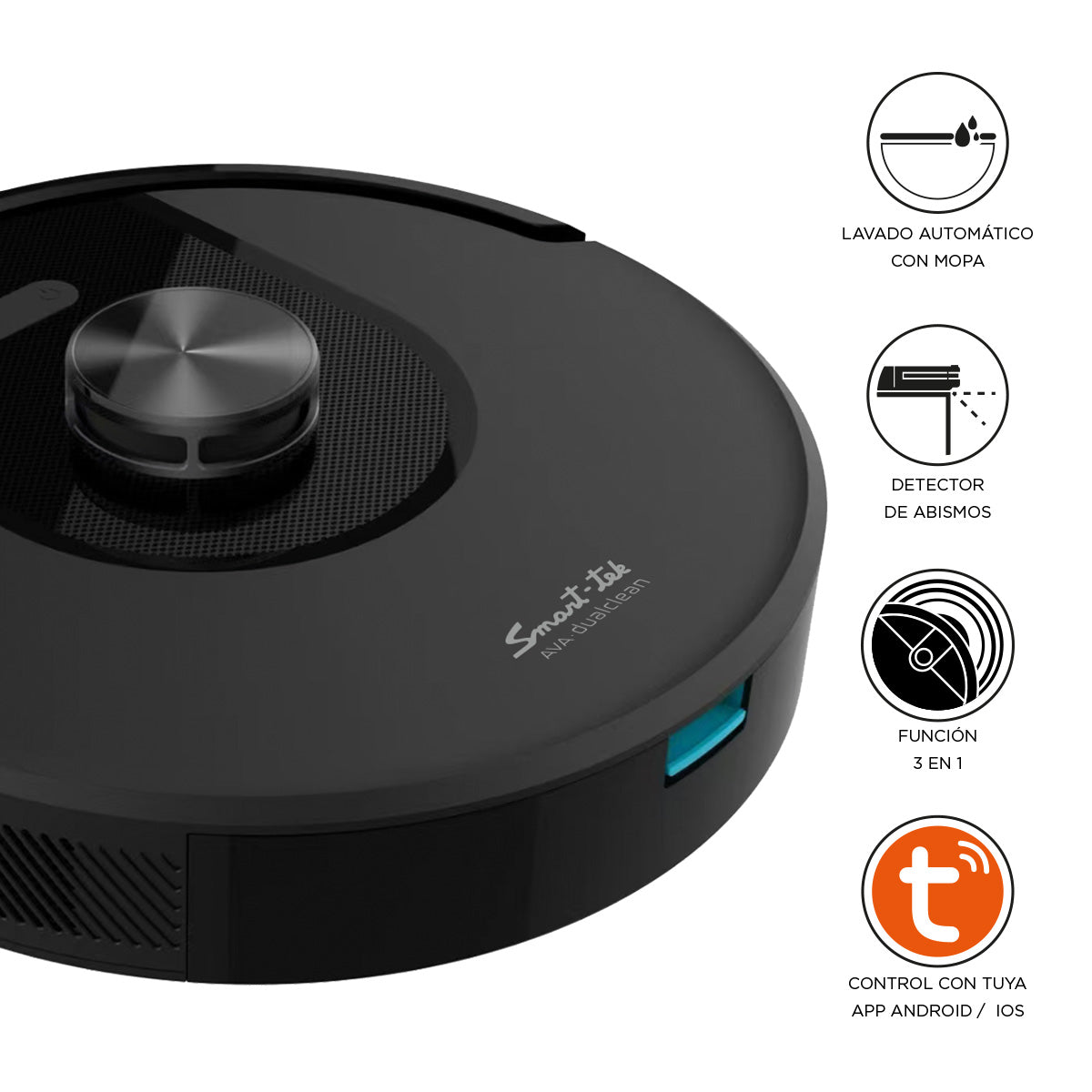 Robot Aspiradora Trapeadora 3 En 1 Smart-tek Ava Dual Clean Negro
