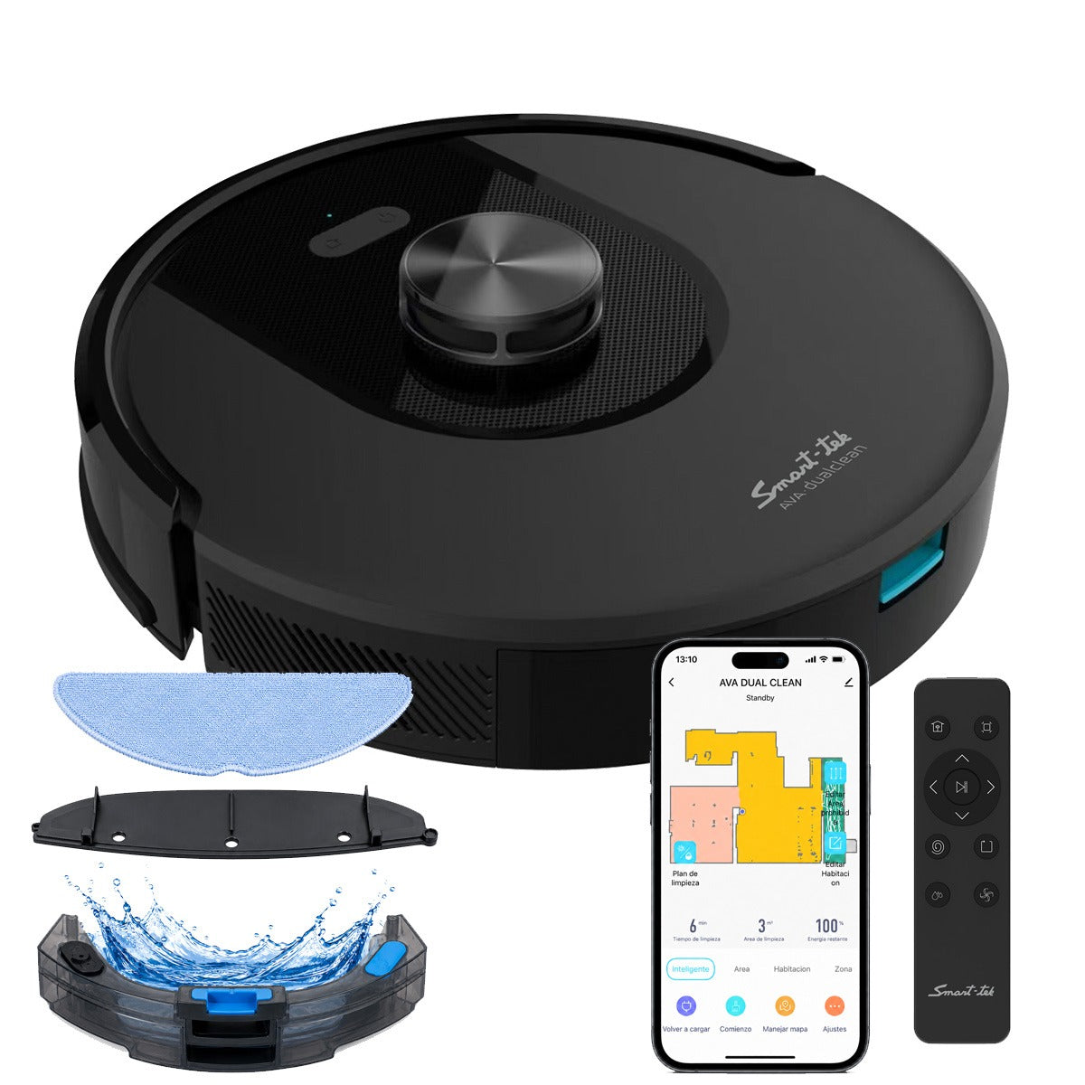 Robot Aspiradora Trapeadora 3 En 1 Smart-tek Ava Dual Clean Negro
